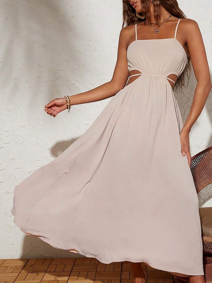 SHEIN BEŻOWA MAXI SUKIENKA WYCIĘCIA S06__M