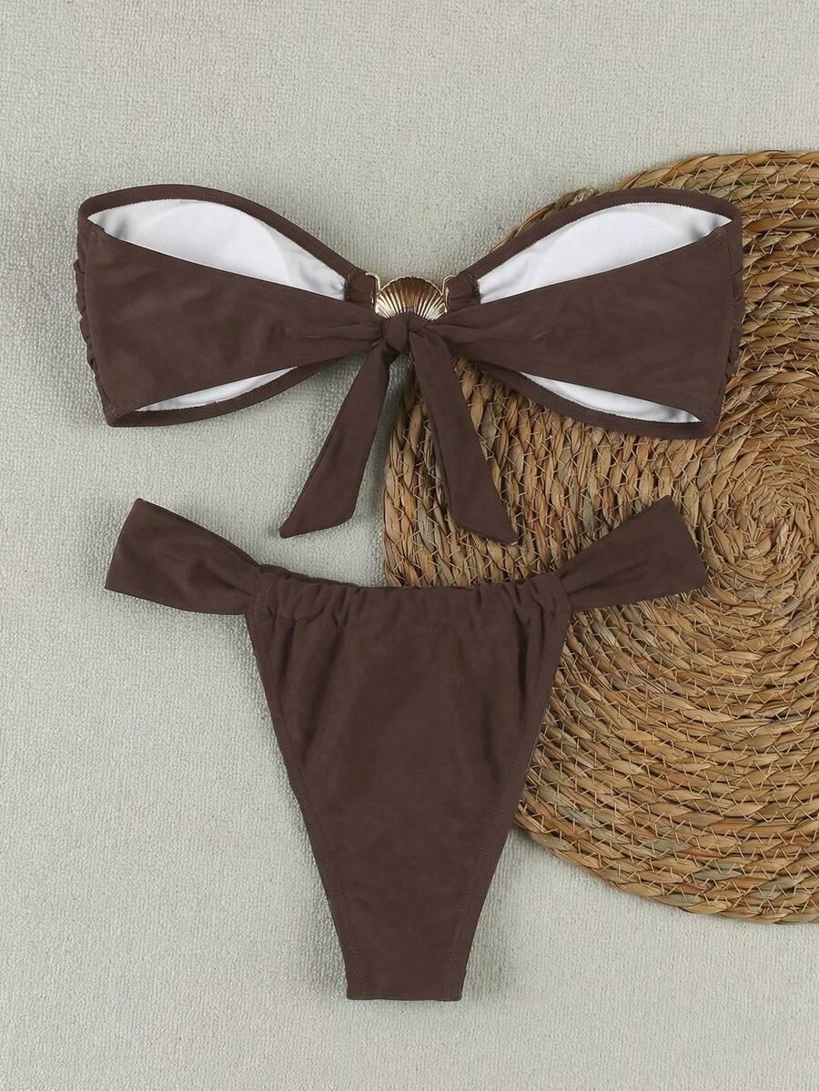 SHEIN BRĄZOWY DWUCZĘŚCIOWY STRÓJ KĄPIELOWY ZDOBIENIE S09__M