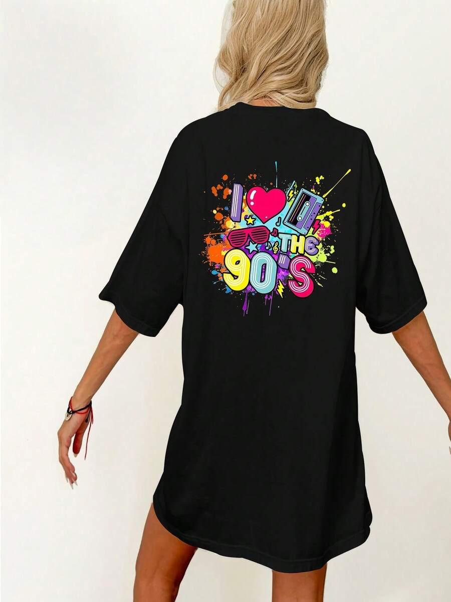 SHEIN CZARNY T-SHIRT OKRĄGŁY DEKOLT PRINT S06__XXL