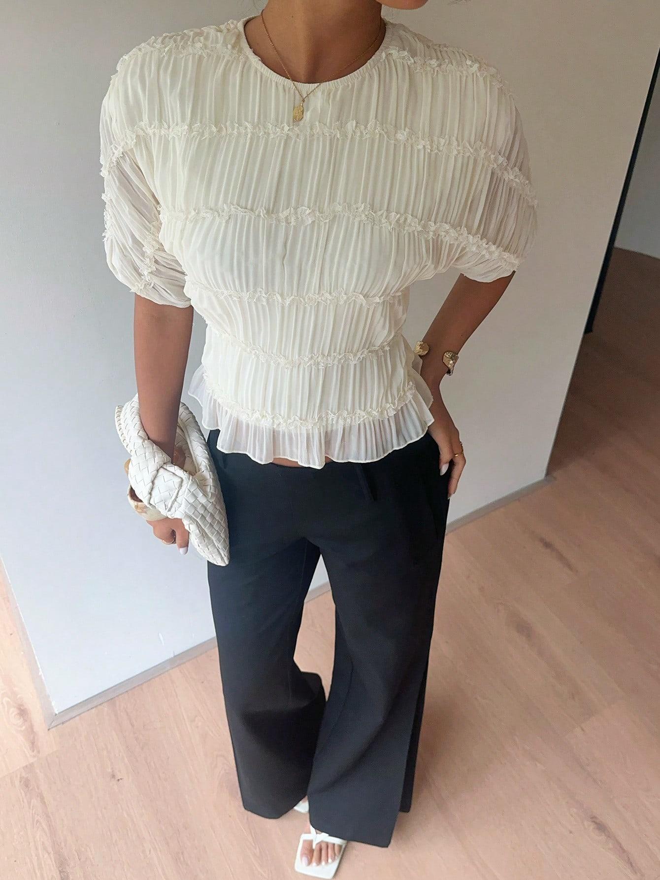 SHEIN KREMOWA BLUZKA MARSZCZENIA KORONKA S06__XS