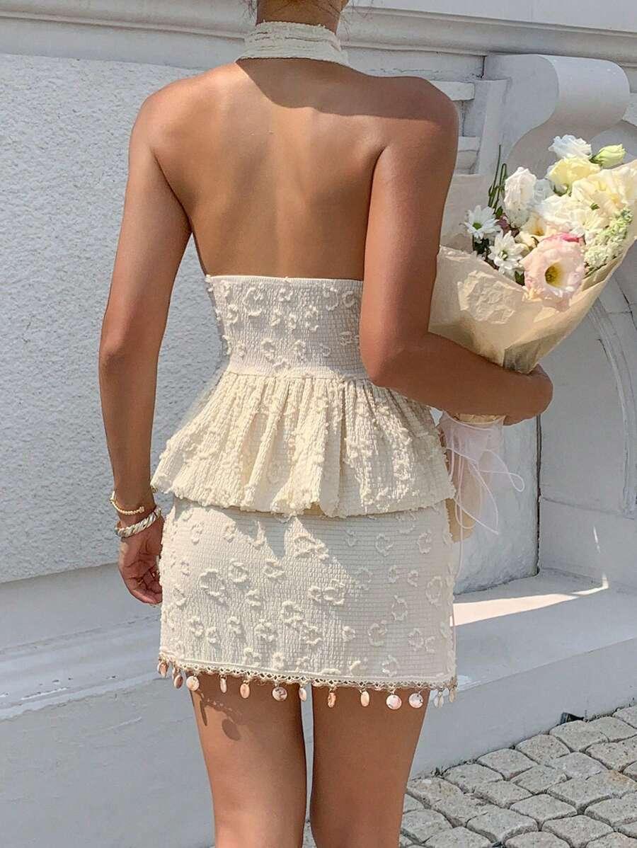SHEIN BEŻOWA MINI SPÓDNICA ZDOBIENIE S06__M
