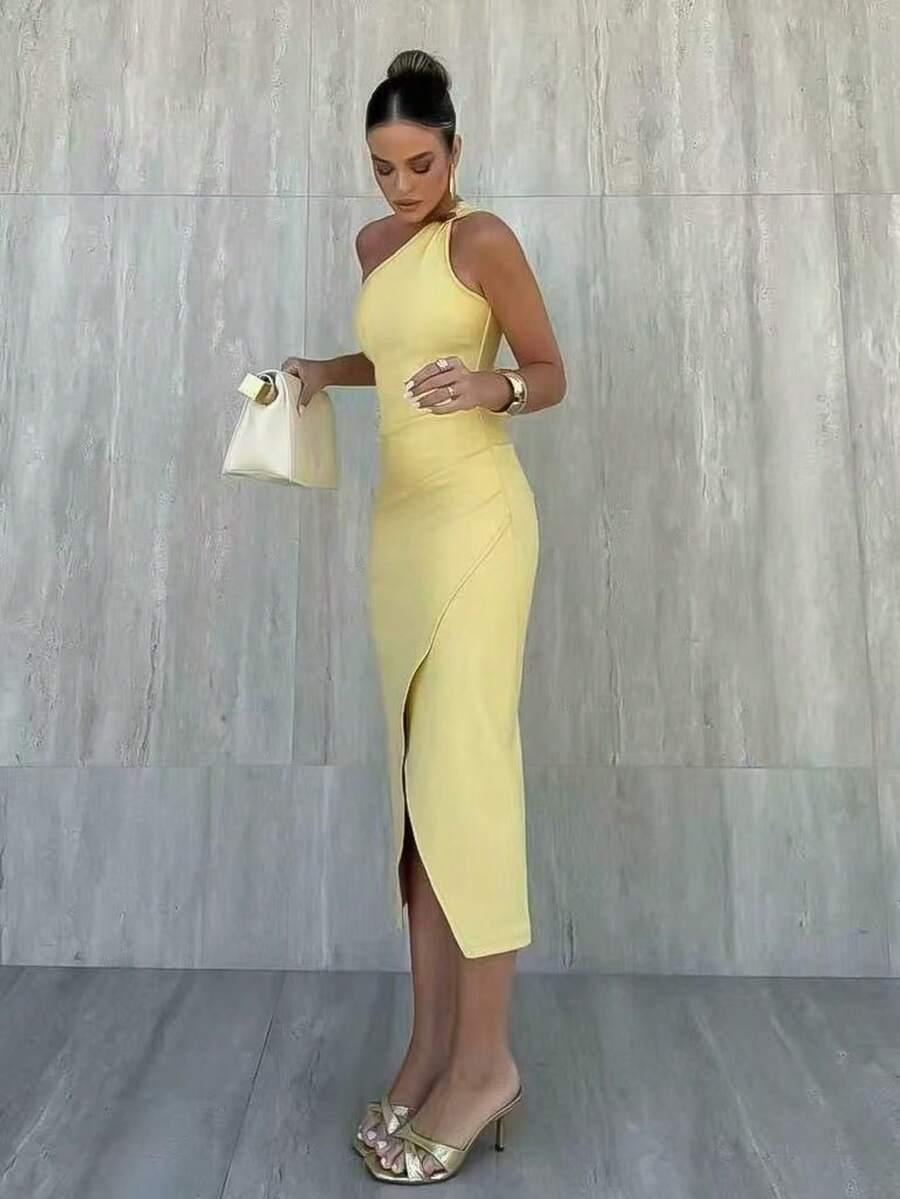 SHEIN ŻÓŁTA SUKIENKA ASYMETRYCZNY DEKOLT PK01__L