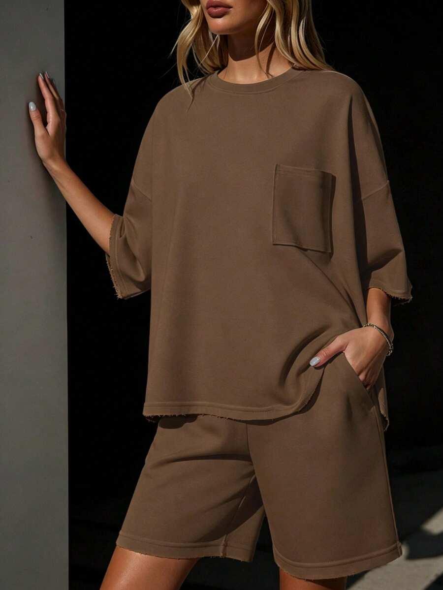 SHEIN BRĄZOWY KOMPLET SPODENKI BLUZKA S06__XL
