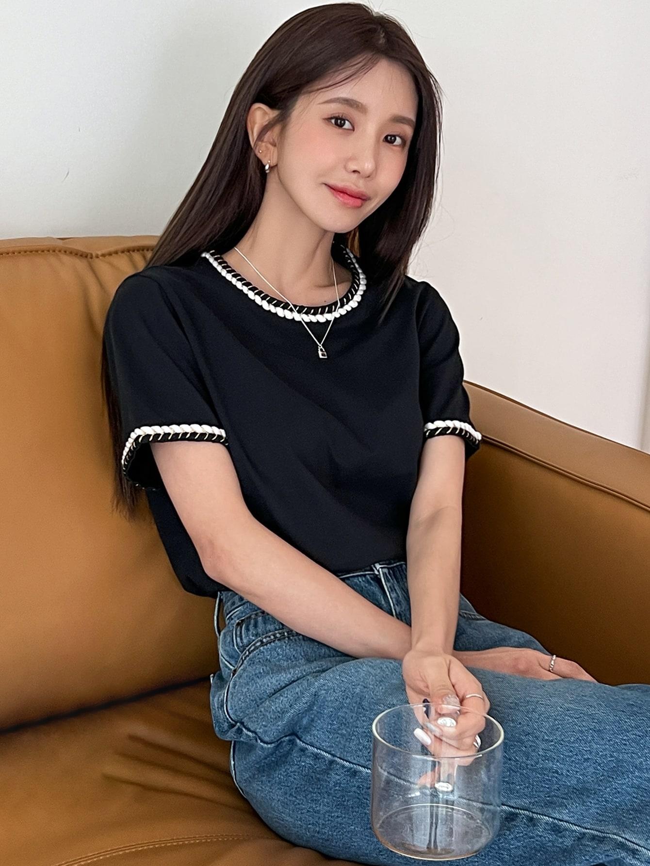 SHEIN CZARNY T-SHIRT KONTRAST S06__M