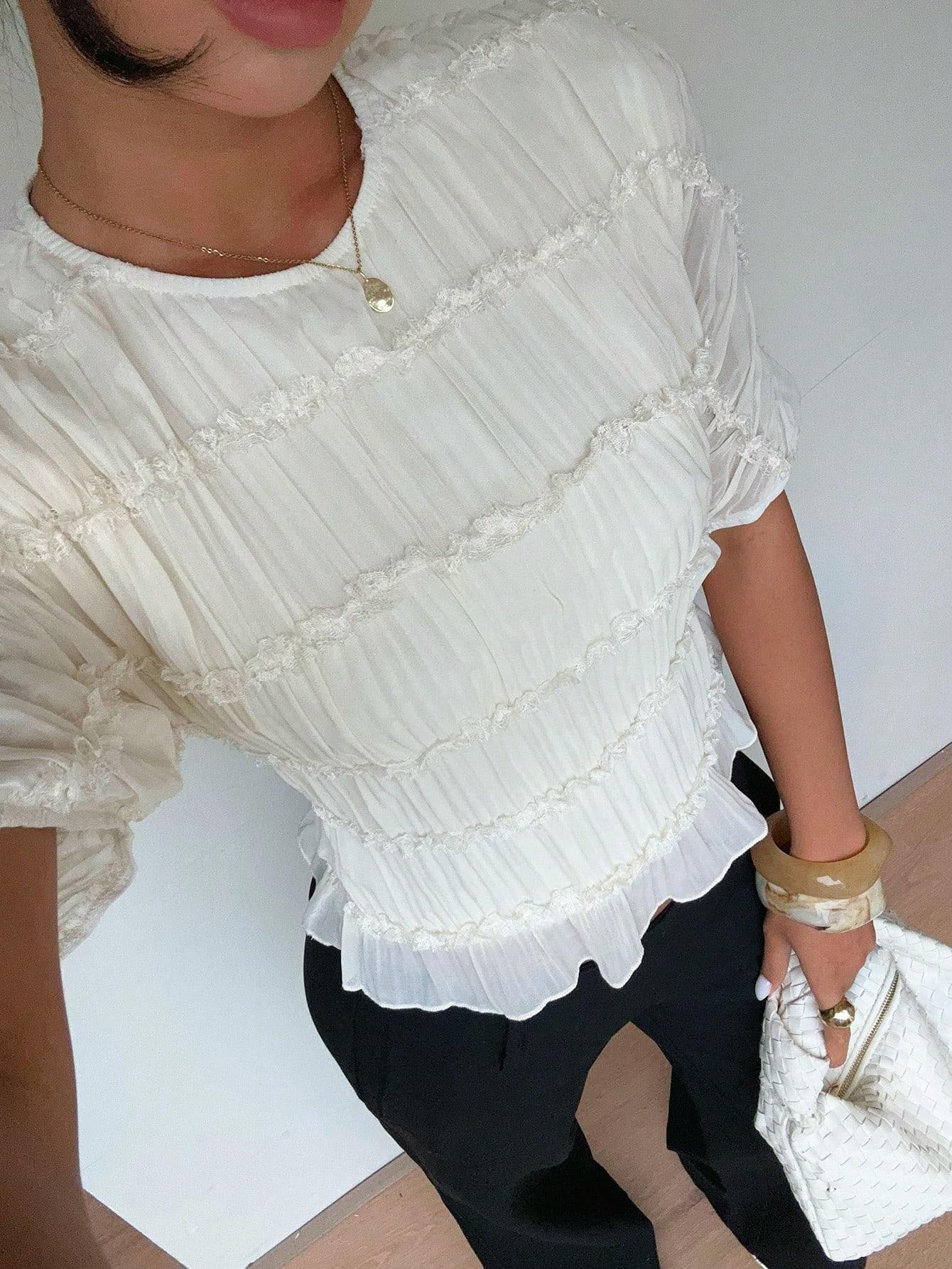 SHEIN KREMOWA BLUZKA MARSZCZENIA KORONKA S06__XS