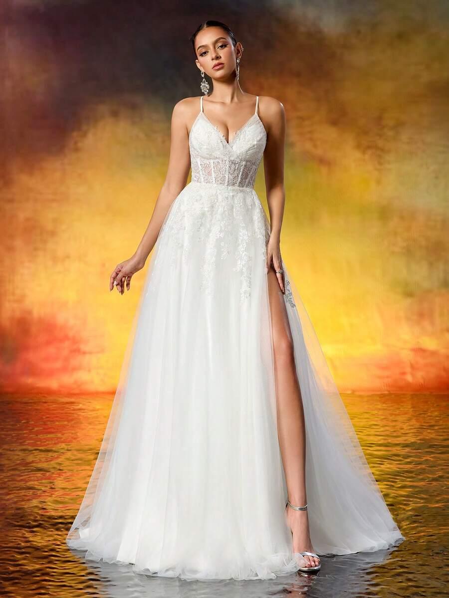 SHEIN BIAŁA MAXI SUKNIA ŚLUBNA ZDOBIENIE S06__40
