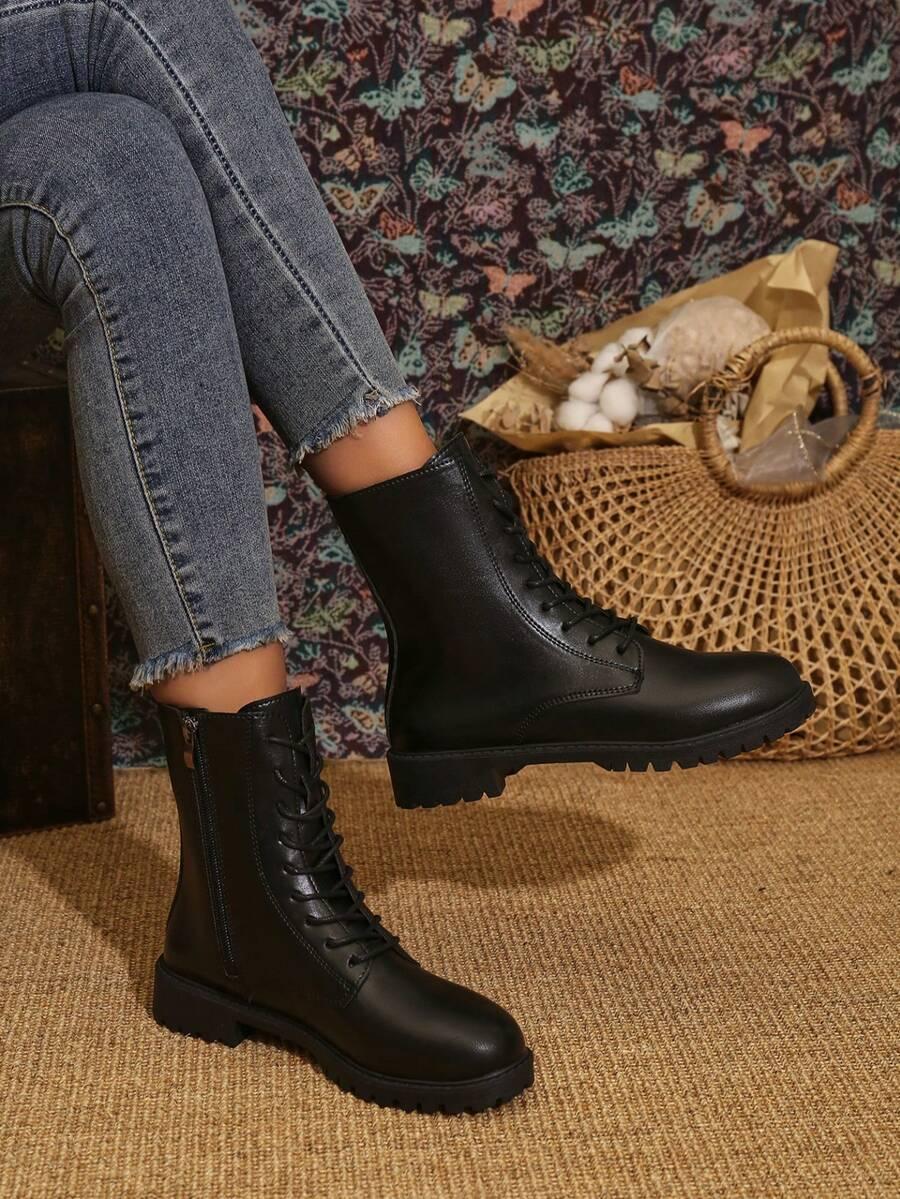 SHEIN CZARNE SZNUROWANE BOTKI ZA KOSTKĘ W01__41