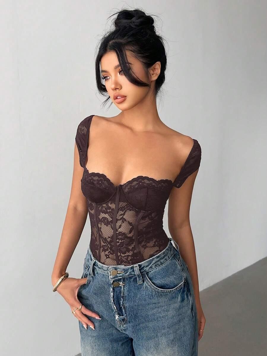 SHEIN BRĄZOWE BODY KORONKA S06__M