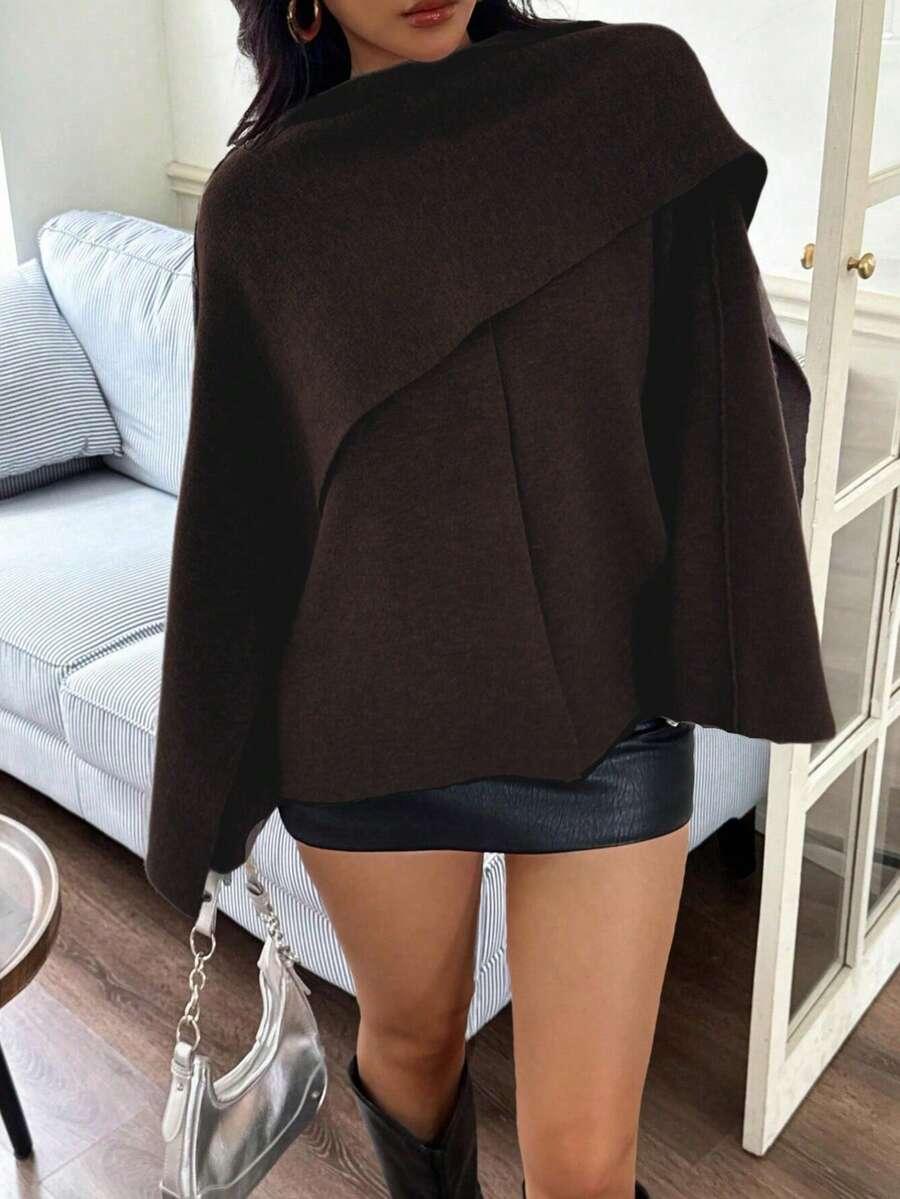 SHEIN BRĄZOWE PONCZO GUZIK S06__L