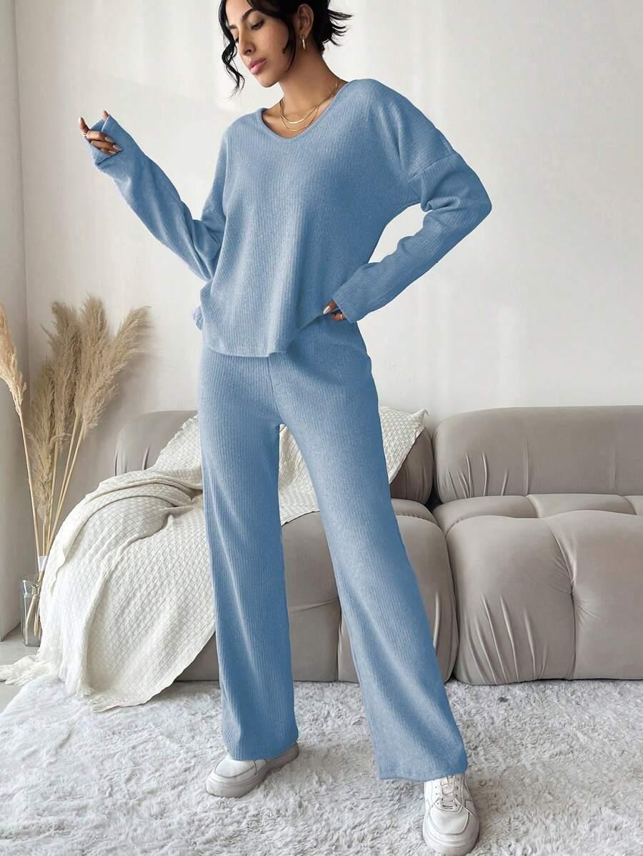 EURMUSE PRĄŻKOWANY NIEBIESKI KOMPLET BLUZA SPODNIE PK01__M