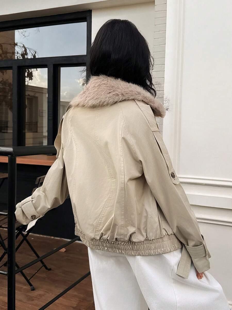 SHEIN BEŻOWA KURTKA SZTUCZNE FUTERKO W01__S