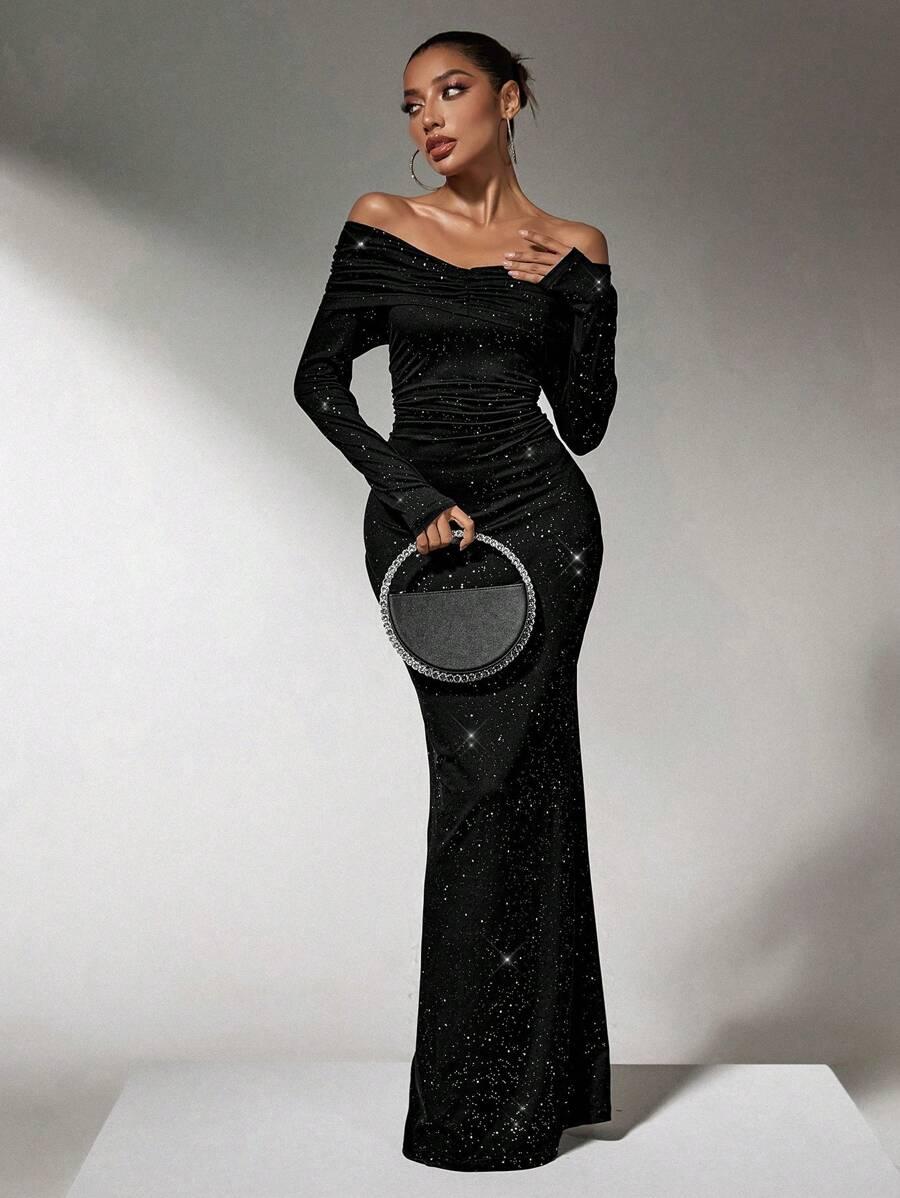 SHEIN CZARNA MAXI SUKIENKA POŁYSK S06__M