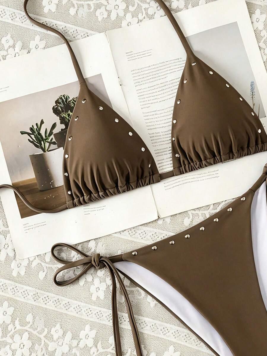 SHEIN BRĄZOWY DWUCZĘŚCIOWY STRÓJ KĄPIELOWY WIĄZANIE S09__L
