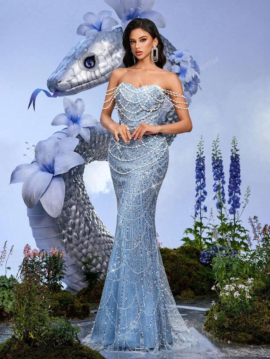 LUVISTRUE NIEBIESKA MAXI SUKIENKA ZDOBIENIE S06__XS
