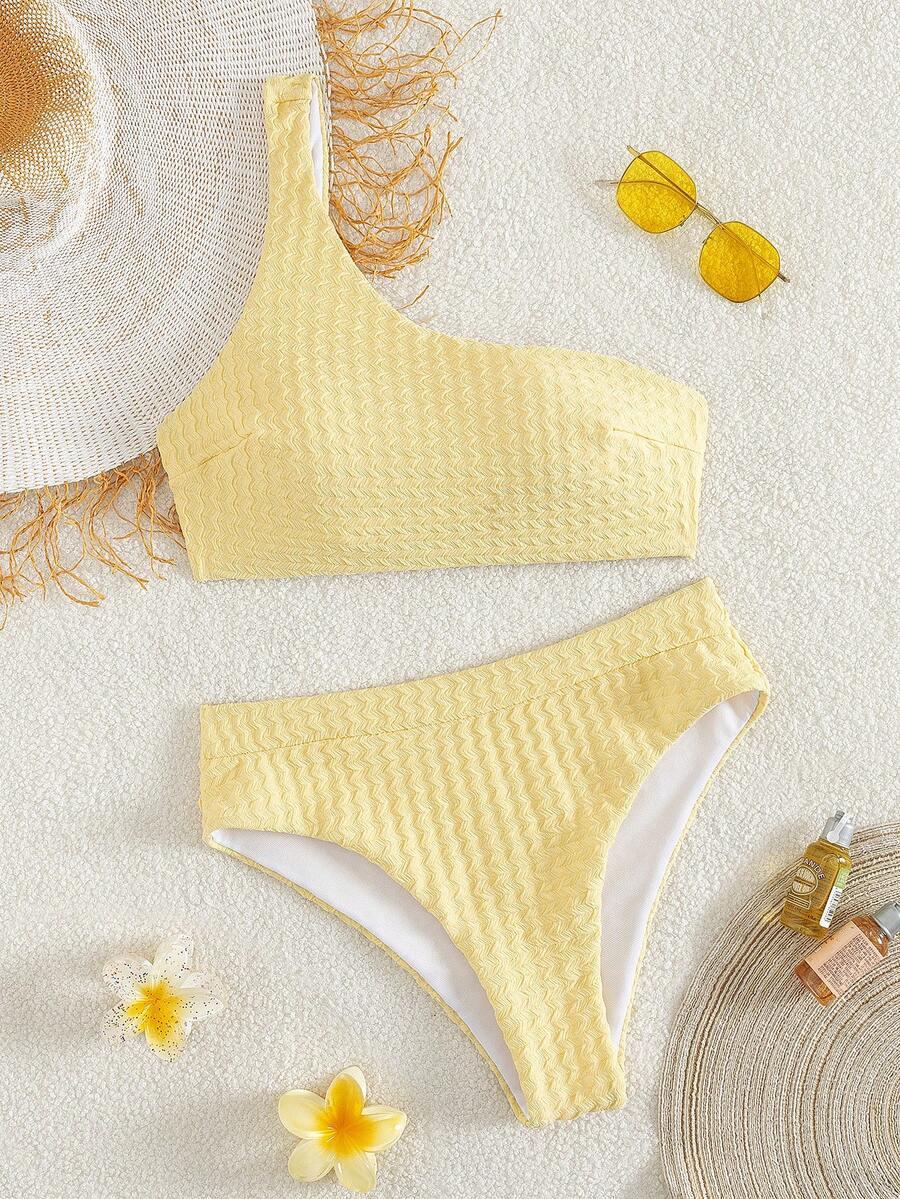 SHEIN ŻÓŁTA GÓRA OD BIKINI ASYMETRIA TEKSTURA PK01__M