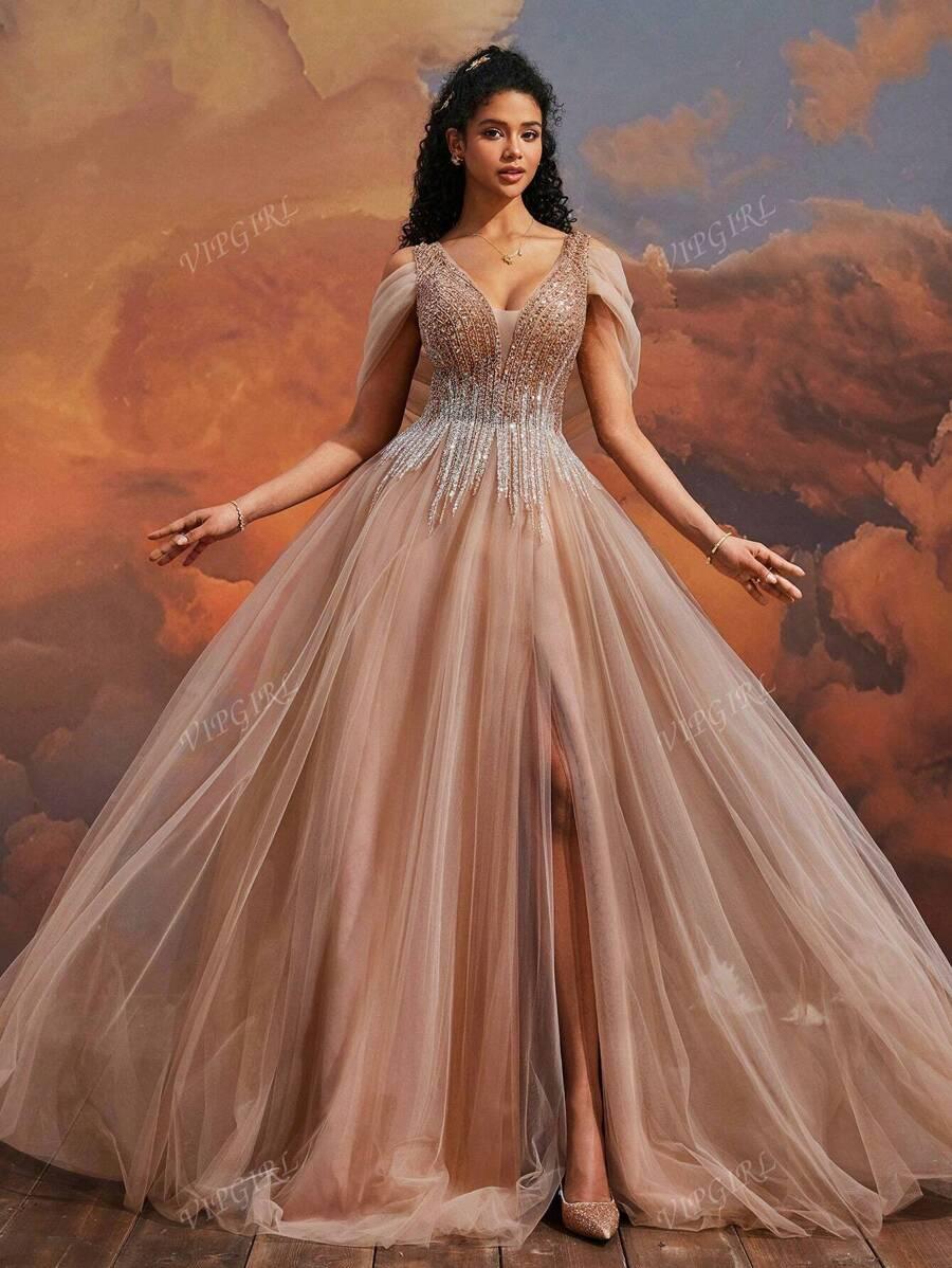 SHEIN BEŻOWA MAXI SUKIENKA S06__M