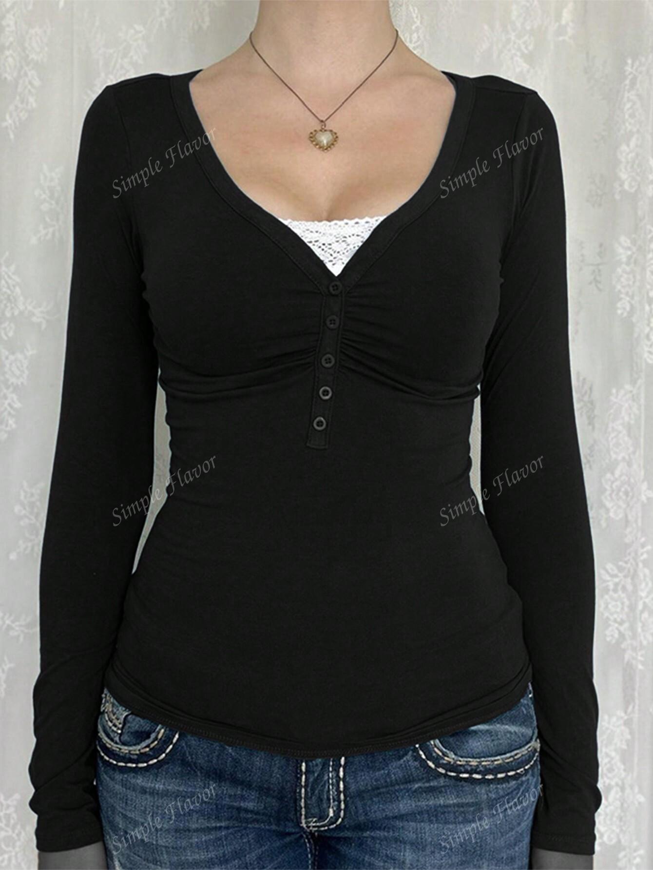 SHEIN CZARNA BLUZKA Z DŁUGIM RĘKAWEM S06__M