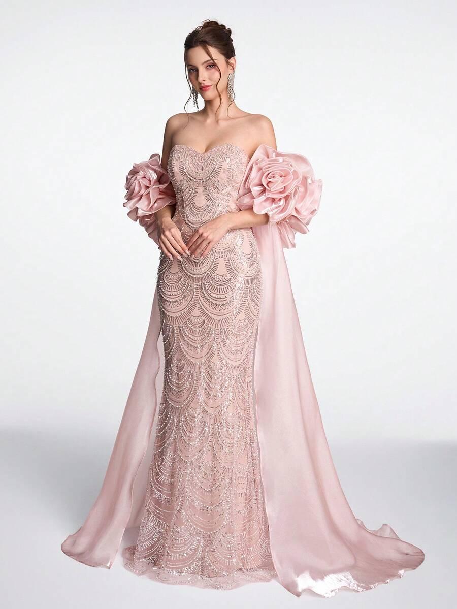 SHEIN RÓŻOWA MAXI SUKIENKA ZDOBIENIA ODKRYTE RAMIONA S06__S