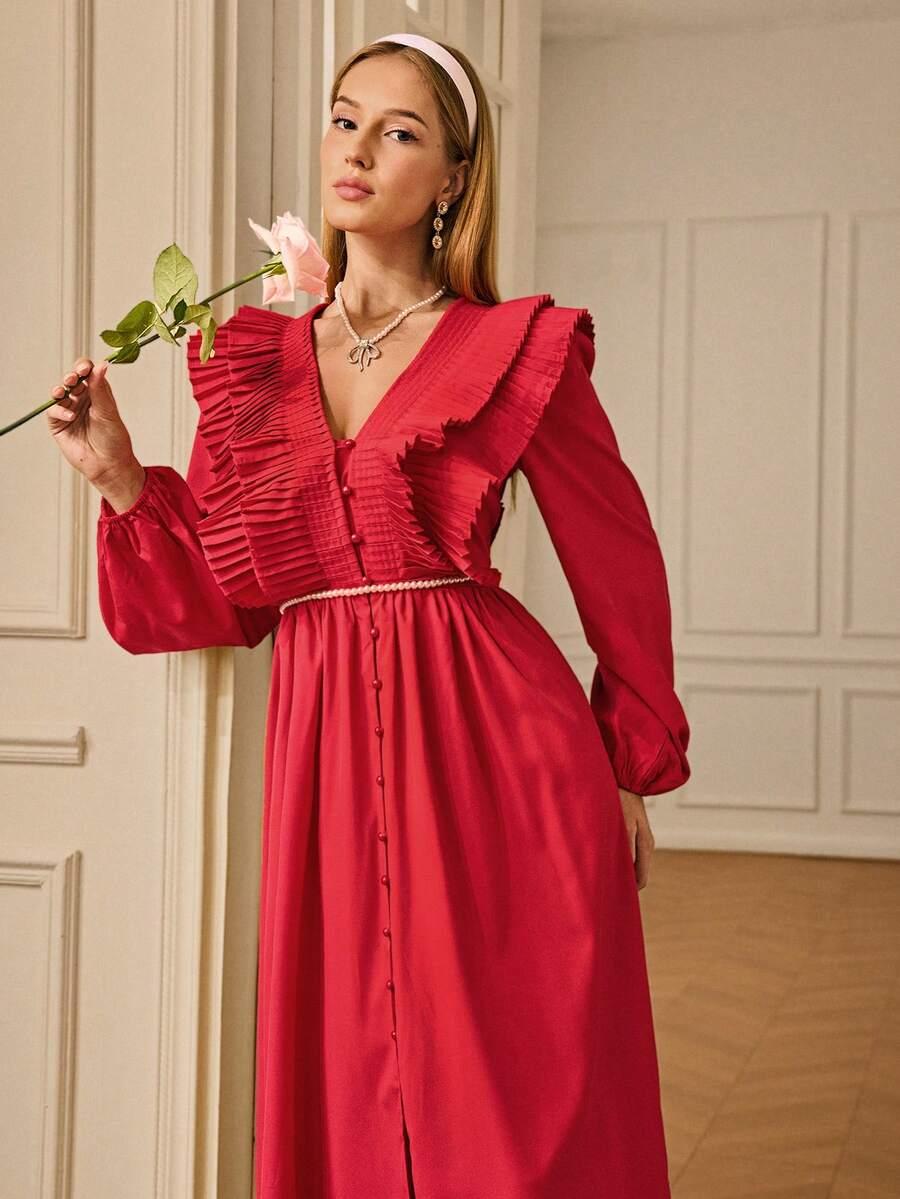 SHEIN CZERWONA SUKIENKA Z DŁUGIM RĘKAWEM S06__M