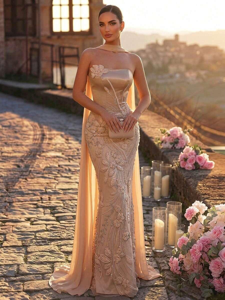 GLAMRAE ZŁOTA MAXI SUKIENKA SZAL KOMPLET S06__XS