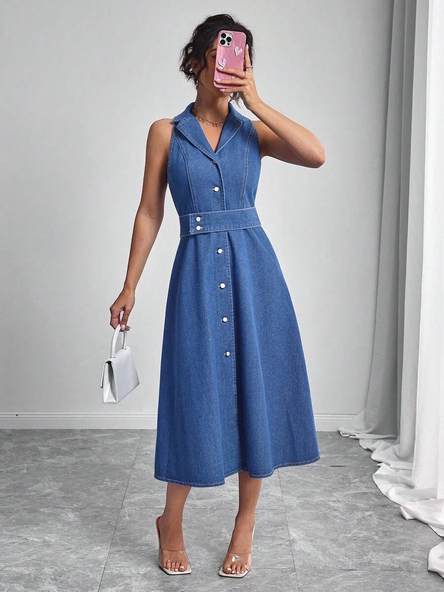 SHEIN JEANSOWA SUKIENKA BEZ RĘKAWÓW GUZIKI S06__L
