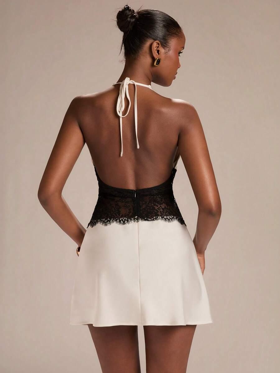 SHEIN MINI SUKIENKA BEZ RĘKAWÓW KORONKA WIĄZANIE S06__L