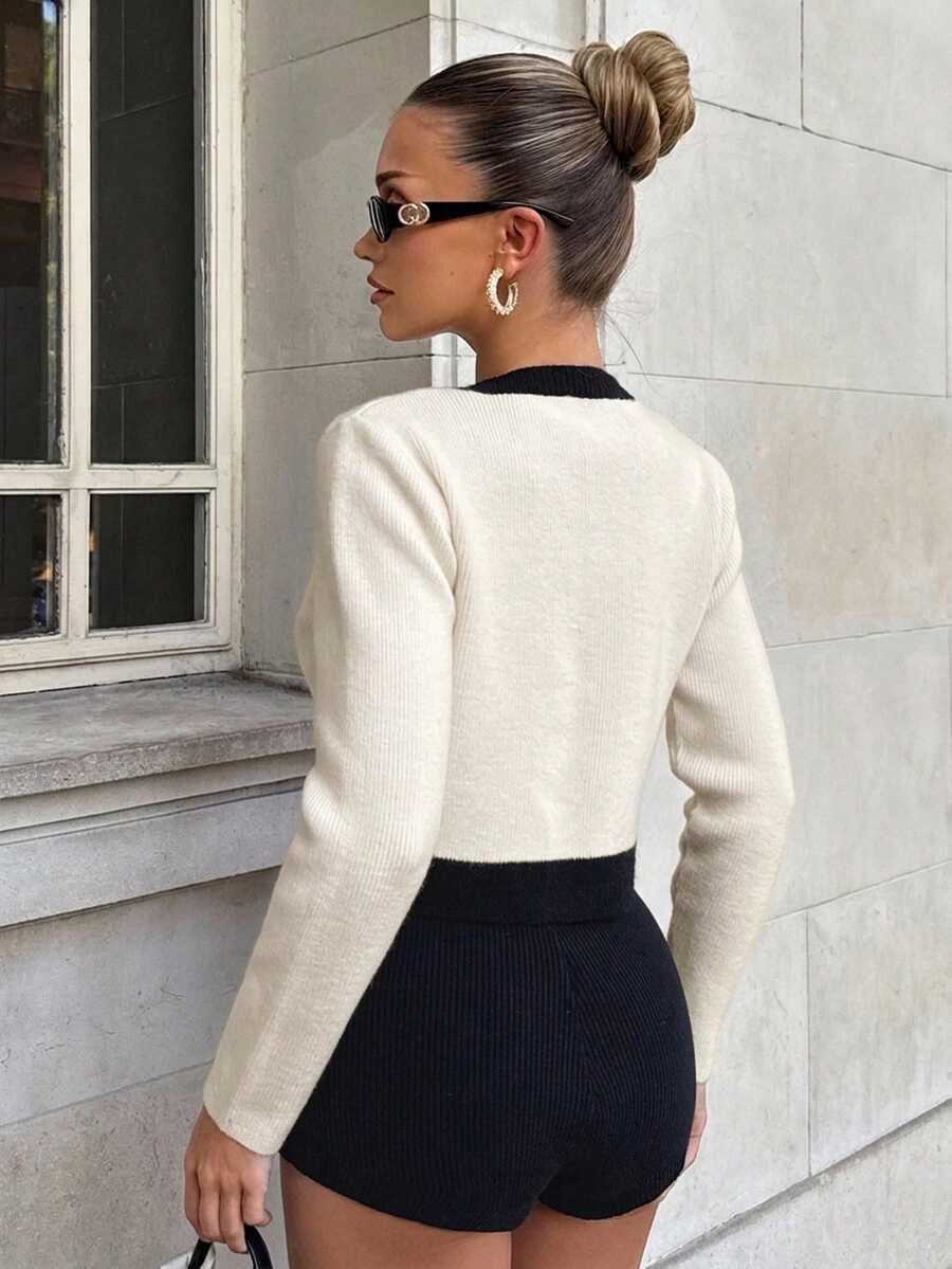 SHEIN DZIANINOWY SWETER KONTRAST GUZIKI S06__S