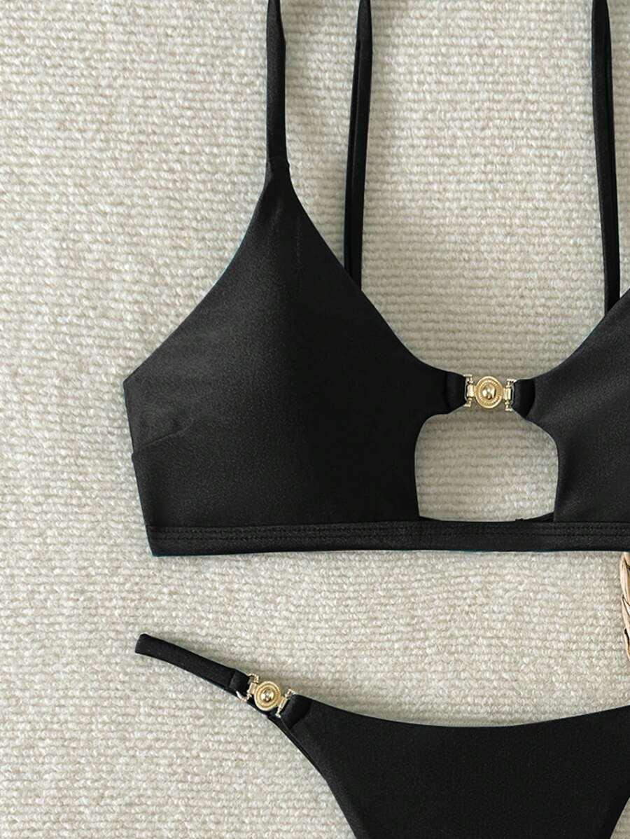 SHEIN CZARNY DWUCZĘŚCIOWY STRÓJ KĄPIELOWY ZDOBIENIE S09__M