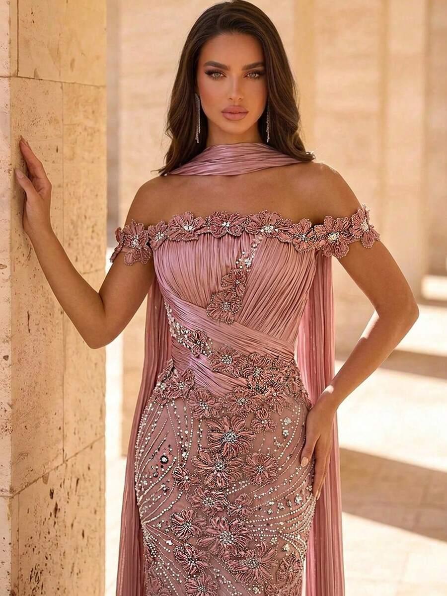 GLAMRAE RÓŻOWA MAXI SUKIENKA ZDOBIENIE S09__M