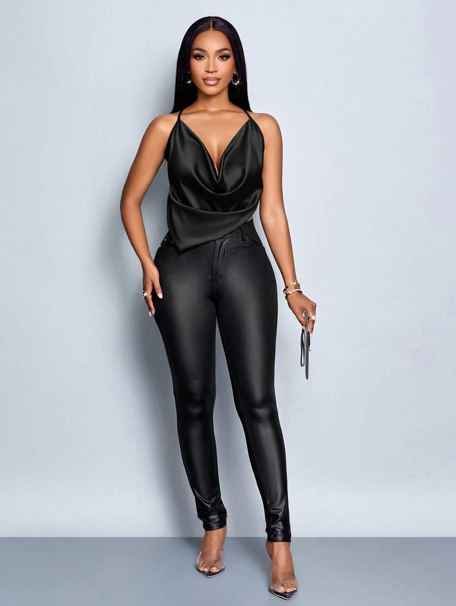 SHEIN SATYNOWY TOP NA RAMIĄCZKACH ODKRYTE PLECY S06__M