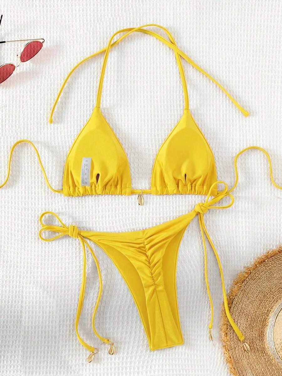 SHEIN ŻÓŁTY DWUCZĘŚCIOWY STRÓJ KĄPIELOWY WIĄZANIE S09__L