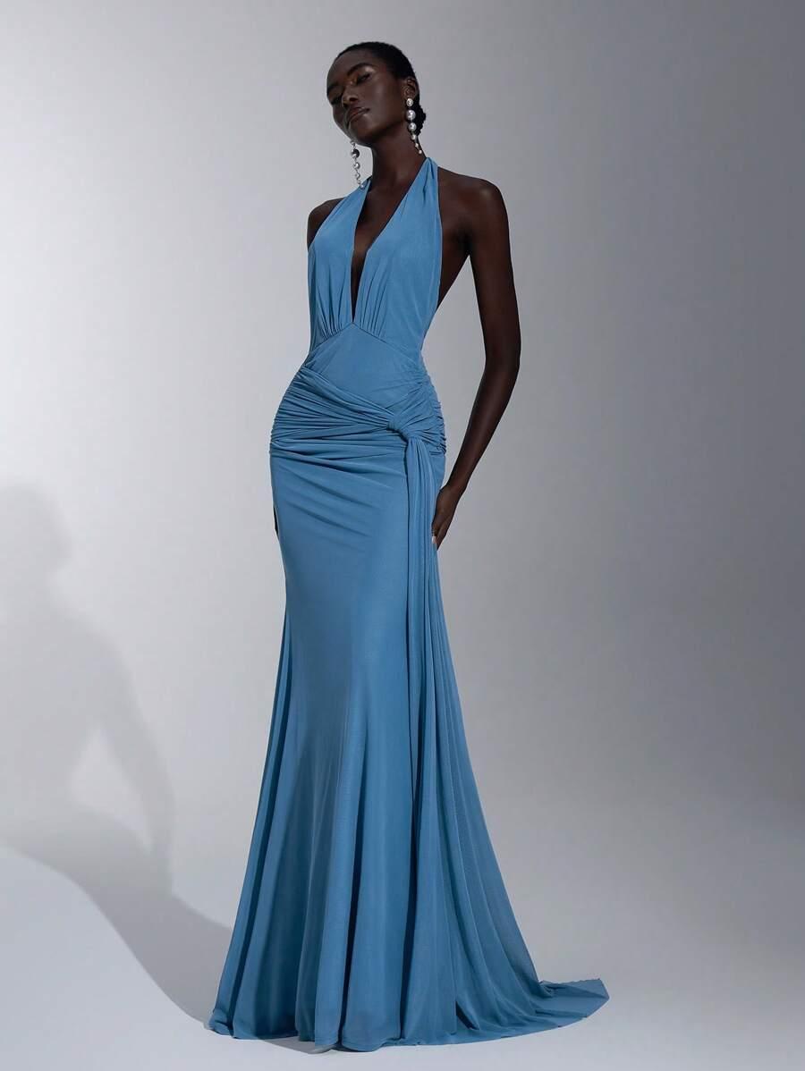 SHEIN NIEBIESKA MAXI SUKIENKA ODKRYTE PLECY PK01__L