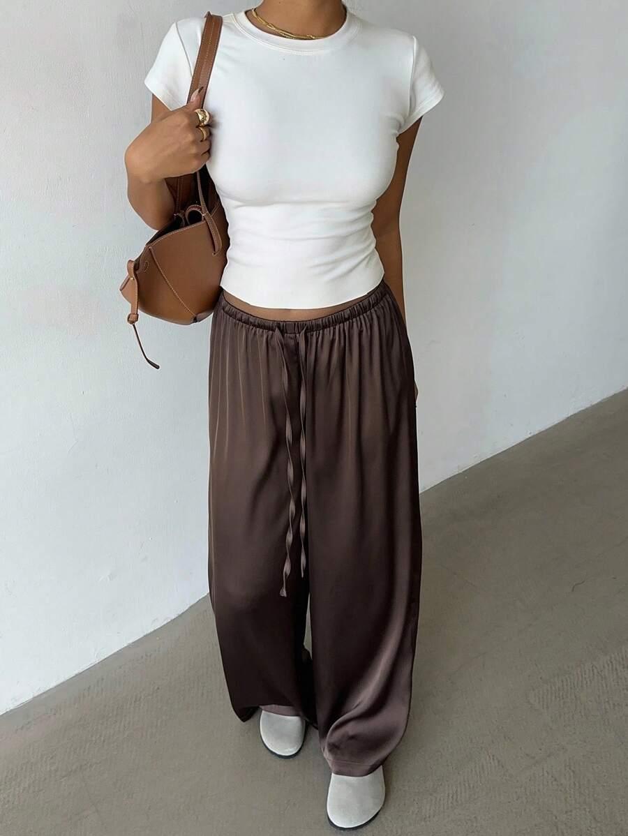 SHEIN BRĄZOWE SATYNOWE SPODNIE S06__M