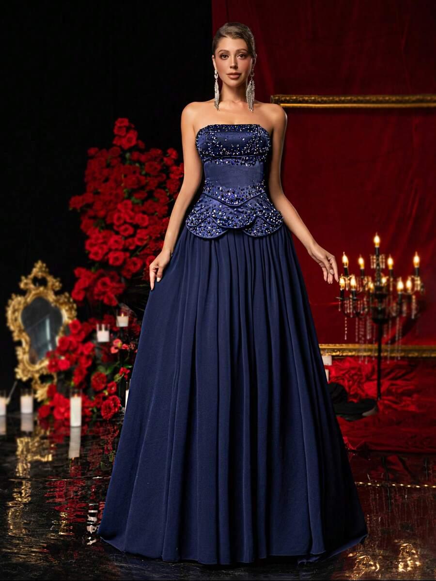 SHEIN GRANATOWA MAXI SUKIENKA ZDOBIENIE BOLERKO KOMPLET S06__M