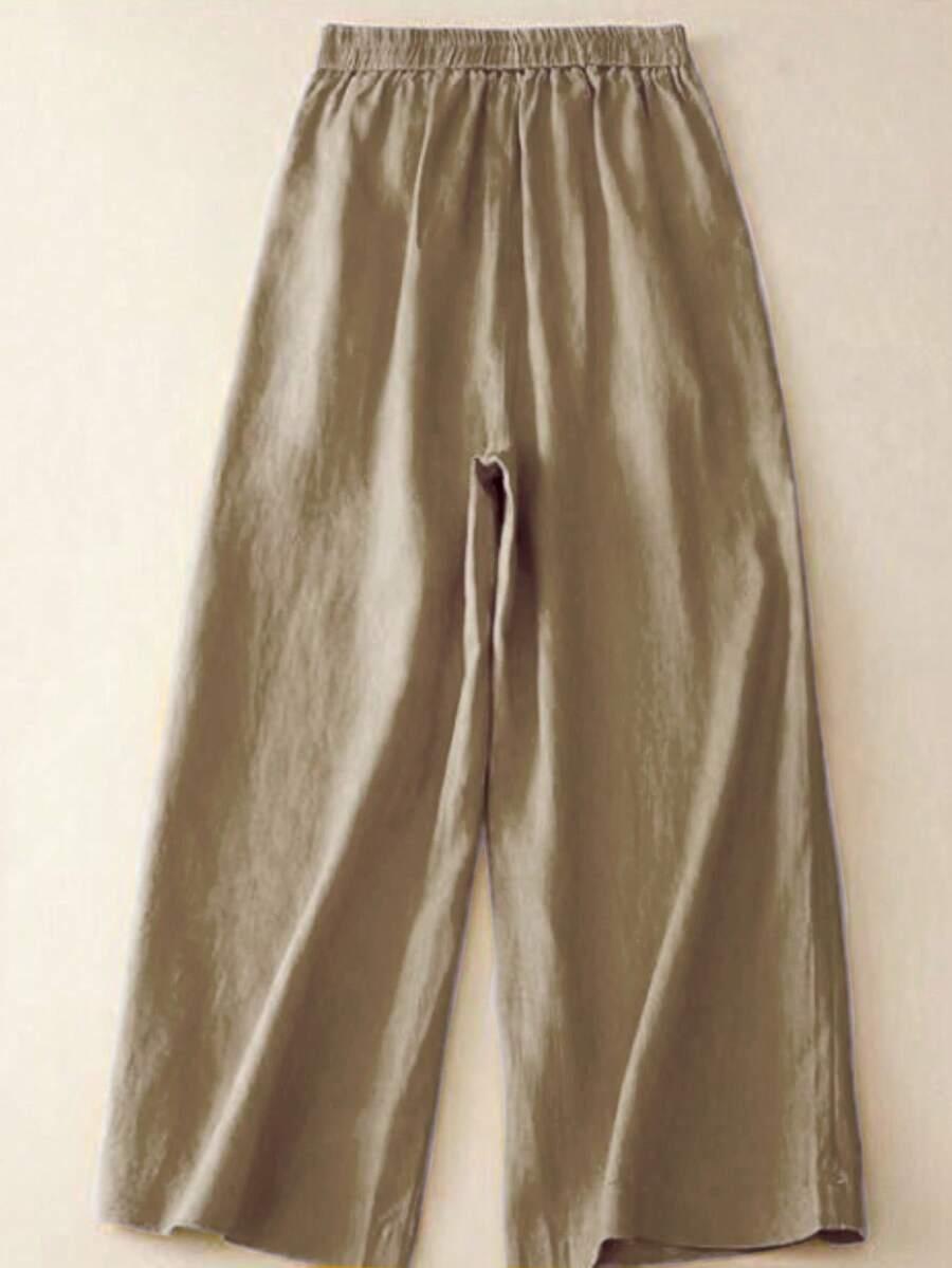 SHEIN BRĄZOWE SPODNIE WIDE LEG Z DOMIESZKĄ LNU S06__S