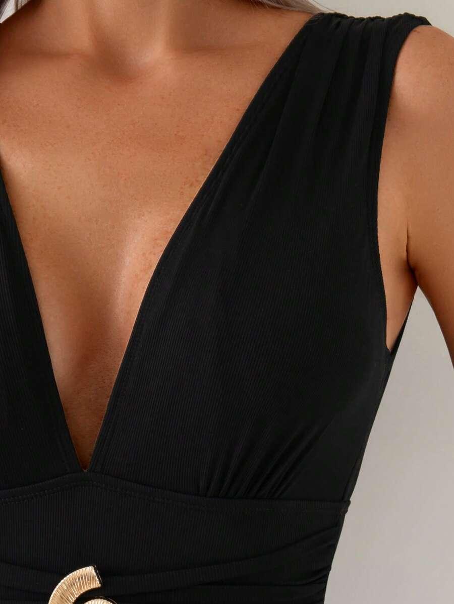 SHEIN JEDNOCZĘŚCIOWY CZARNY STRÓJ KĄPIELOWY MUSZELKA S09__L