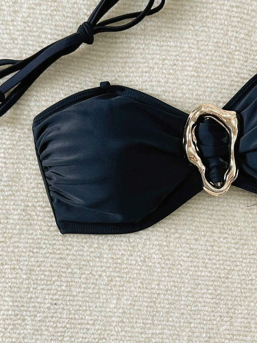 SHEIN CZARNA GÓRA OD BIKINI WIĄZANIE S09__L