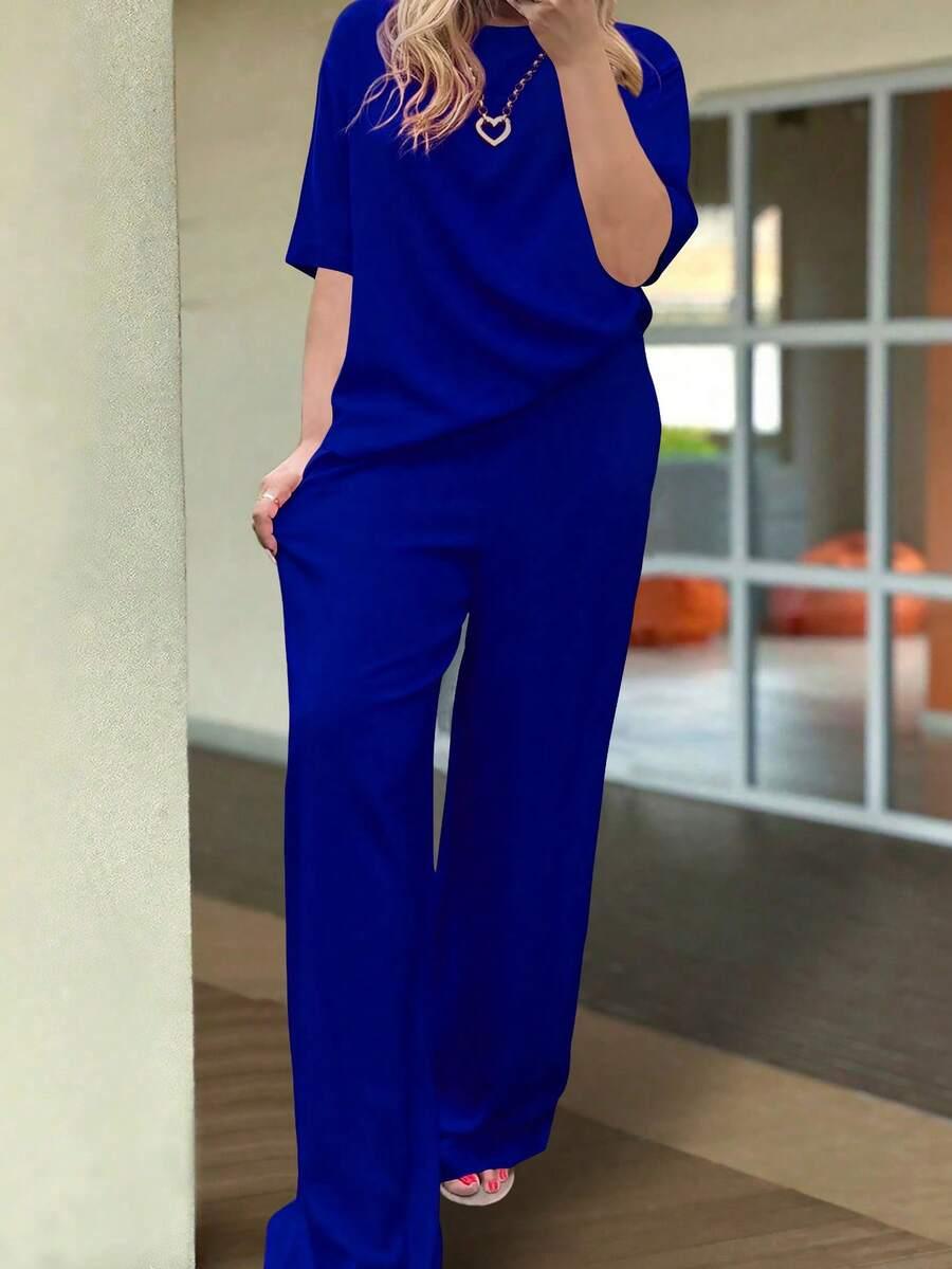 SHEIN NIEBIESKI KOMPLET BLUZKA SPODNIE S06__M