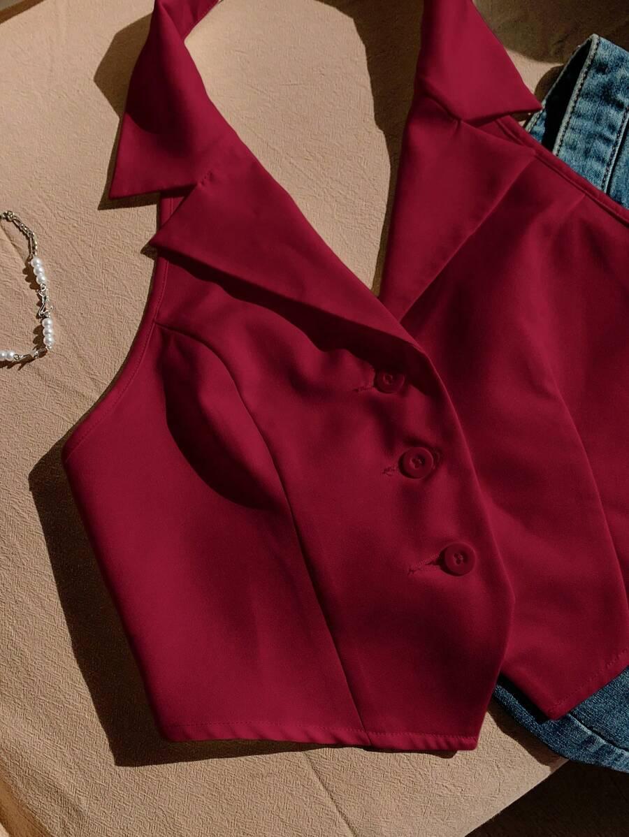 SHEIN CZERWONY TOP KOŁNIERZYK S06__XS