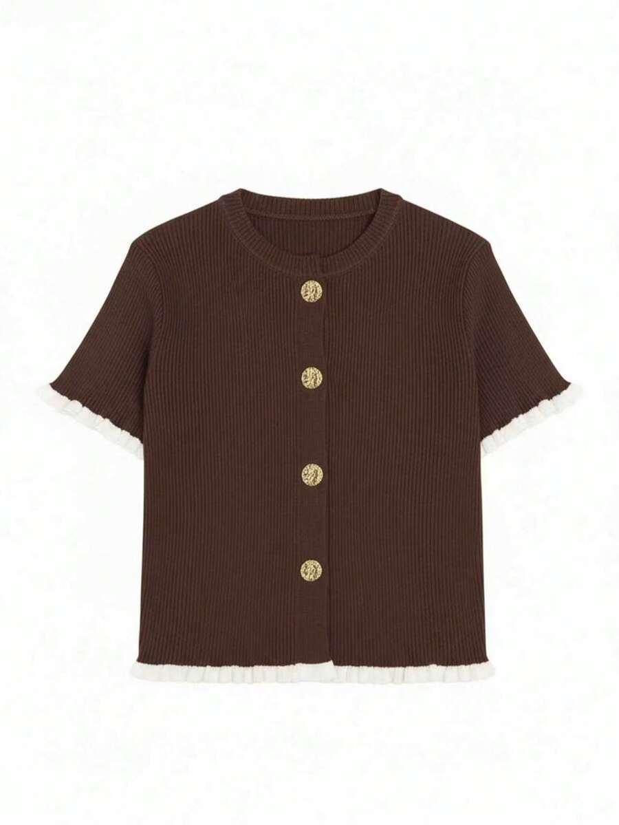 SHEIN BRĄZOWY DZIANINOWY SWETER GUZIKI S06__L
