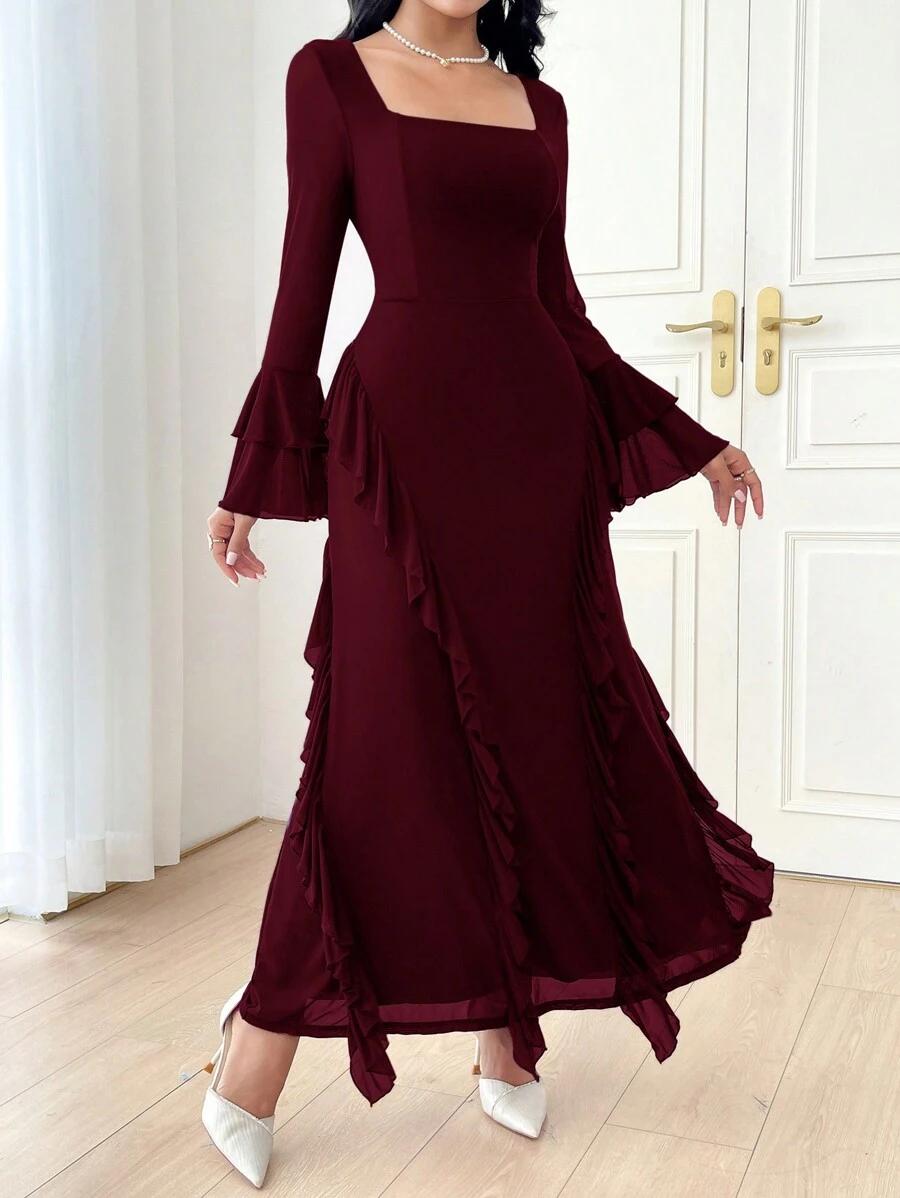 SHEIN MAXI BORDOWA SUKIENKA FALBANY S06__L