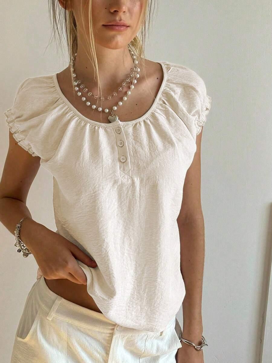 SHEIN BEŻOWA BLUZKA KRÓTKI RĘKAW S06__S