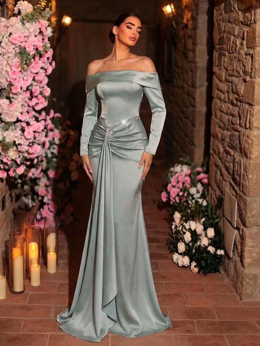 SHEIN SATYNOWA MAXI SUKIENKA ODKRYTE RAMIONA S06__S