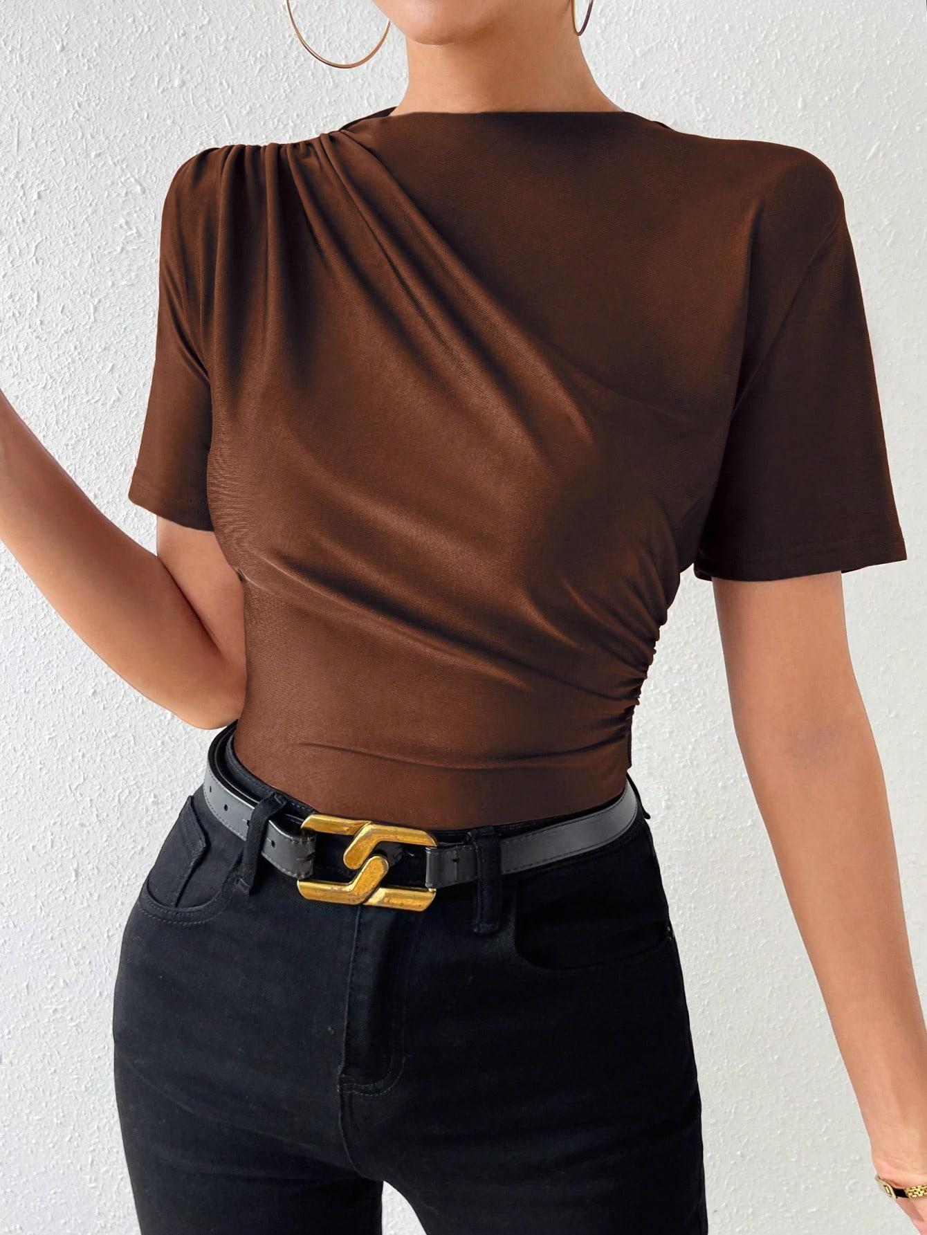SHEIN BRĄZOWY TOP MARSZCZENIE S06__L