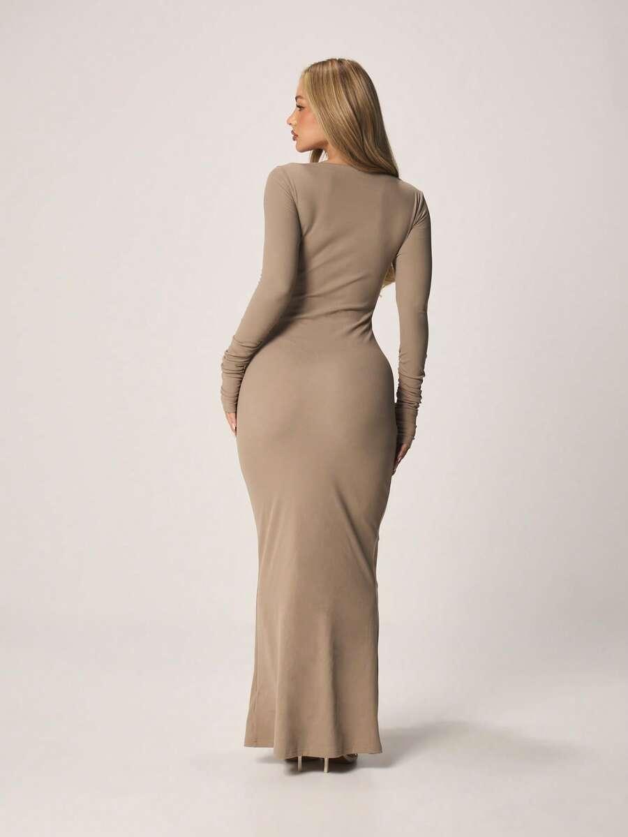 MISSGUIDED BEŻOWA MAXI SUKIENKA