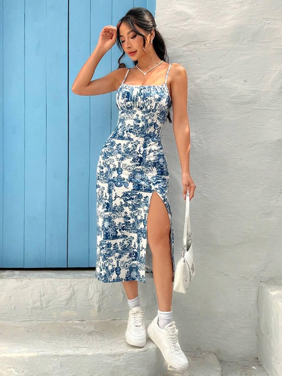 SHEIN MIDI SUKIENKA NA RAMIĄCZKACH PRINT S06__M