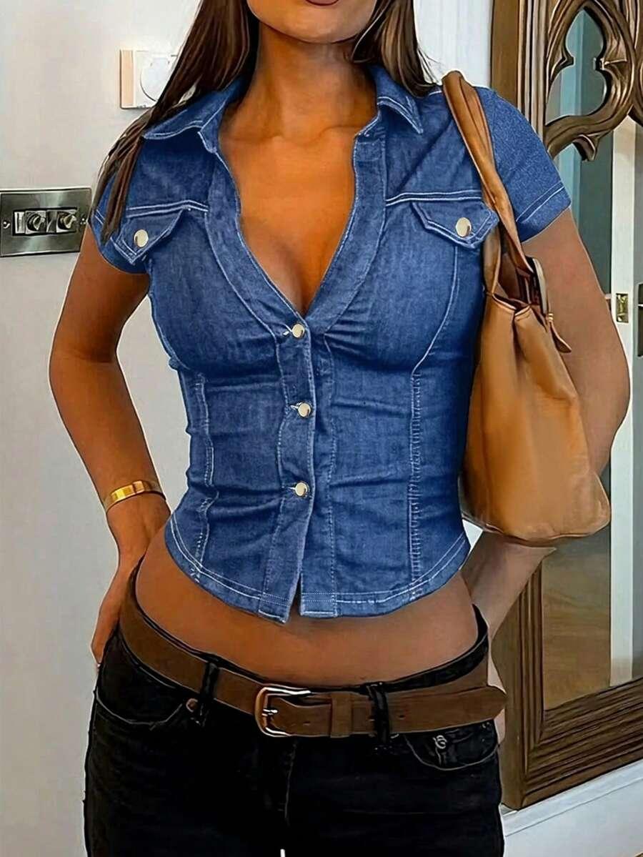 SHEIN NIEBIESKA KOSZULA KRÓTKI RĘKAW S06__S