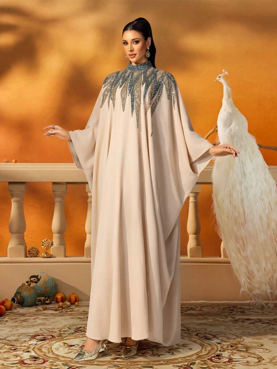 SHEIN BEŻOWA SUKIENKA MAXI ZDOBIENIA S06__L