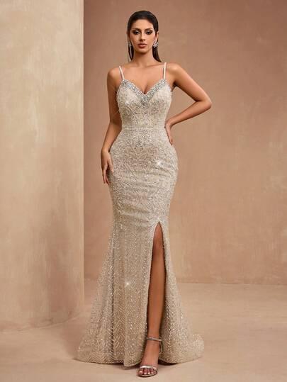 SHEIN BEŻOWA MAXI SUKIENKA ZDOBIENIA S06__XS