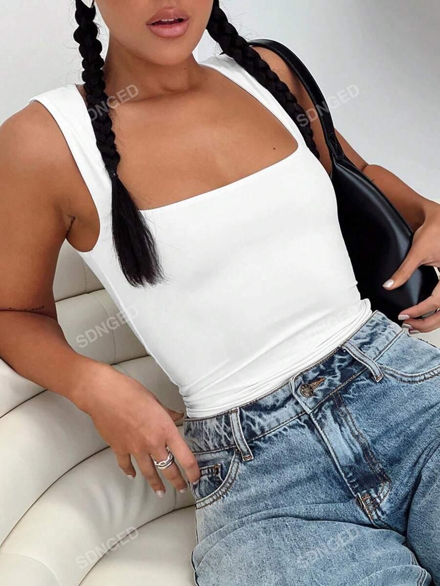 SHEIN BIAŁY TOP NA RAMIĄCZKACH KWADRATOWY DEKOLT S06__XS
